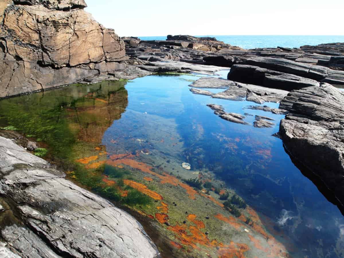 Close-up view of the dramatic rock formations at Two Lights State Park